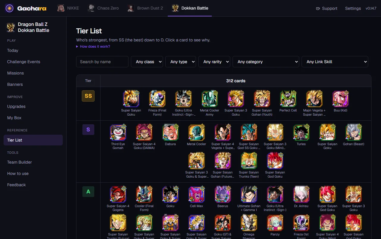 Dokkan Battle tier list in Gachara, with filters for class, type, category and link skill
